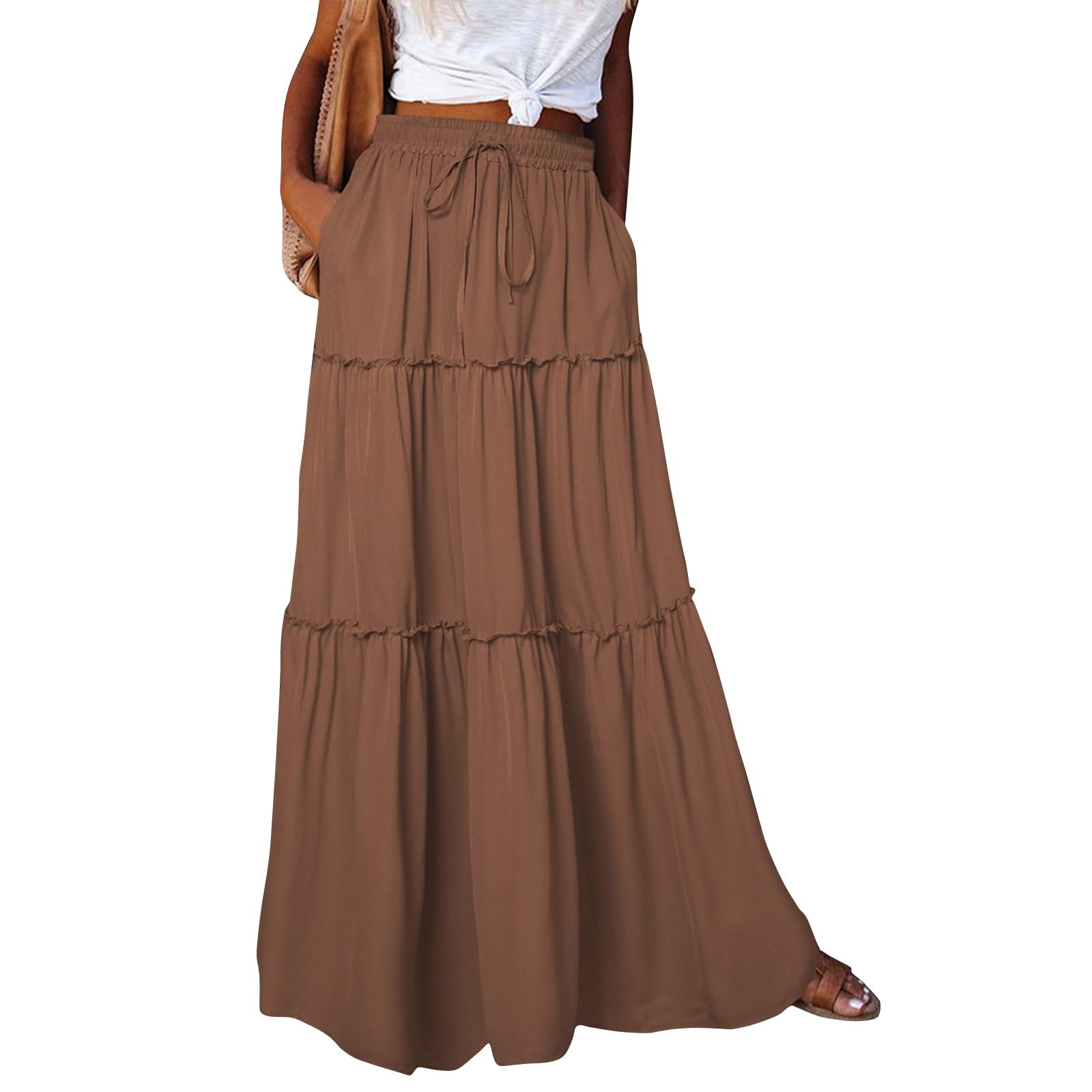 Pleated A Line Maxi Skirt, Elastic High Waisted Flowy Swing Long Skirt with Pockets