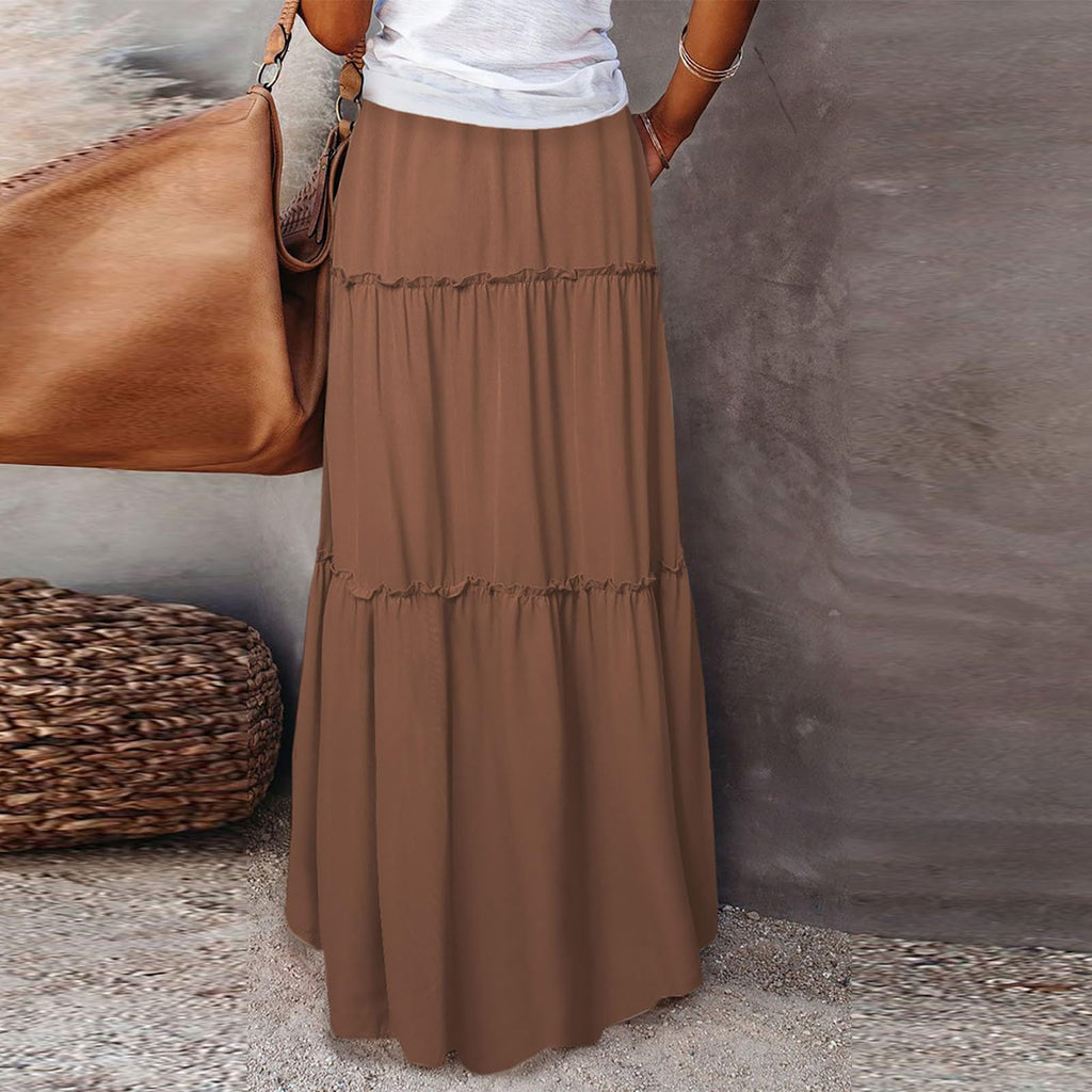 Pleated A Line Maxi Skirt, Elastic High Waisted Flowy Swing Long Skirt with Pockets
