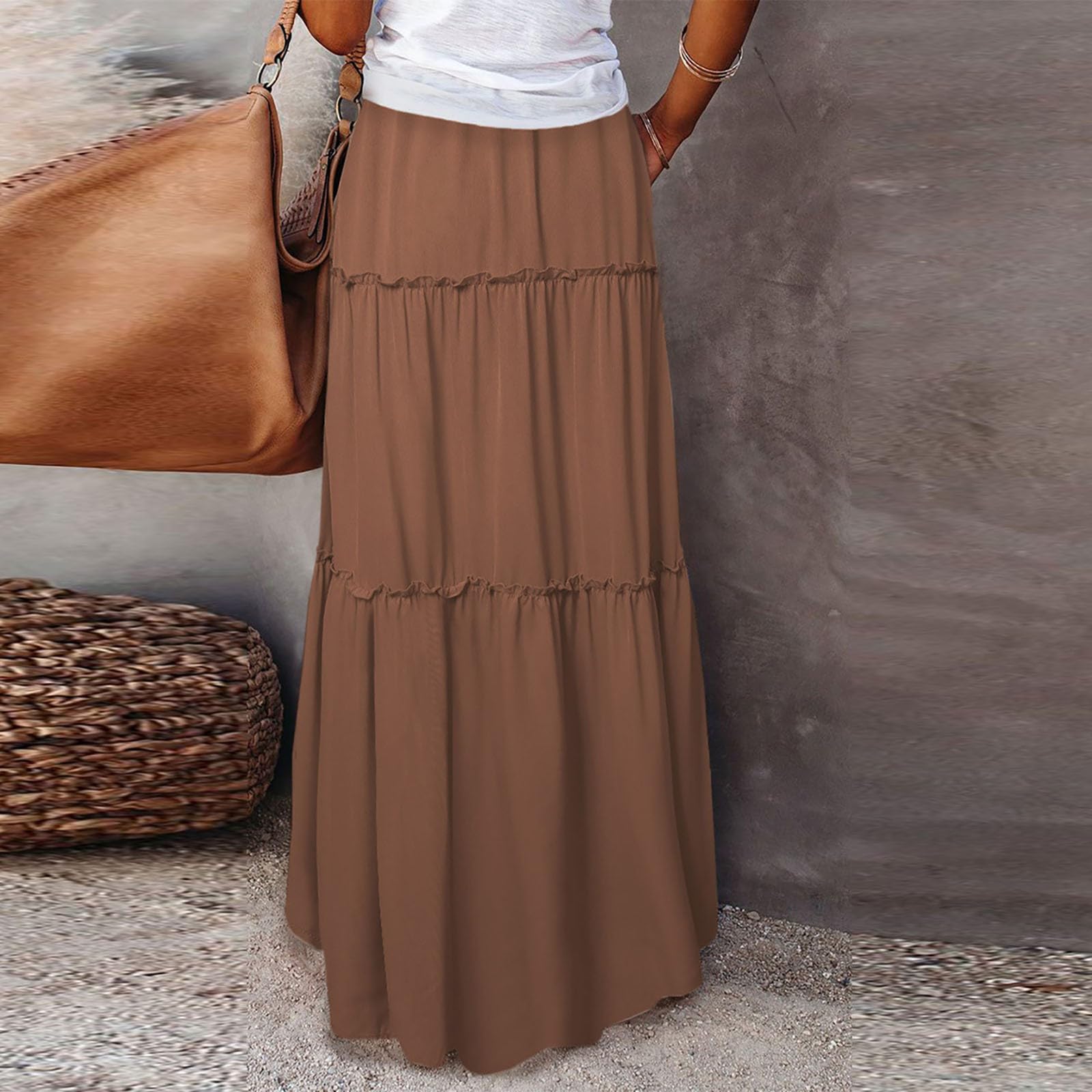Pleated A Line Maxi Skirt, Elastic High Waisted Flowy Swing Long Skirt with Pockets