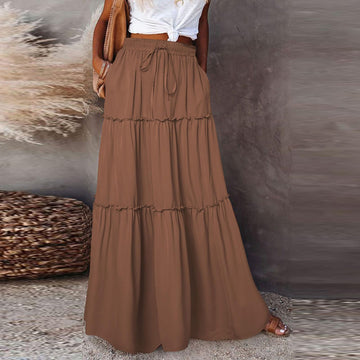 Pleated A Line Maxi Skirt, Elastic High Waisted Flowy Swing Long Skirt with Pockets
