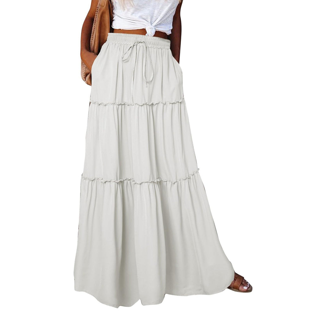Pleated A Line Maxi Skirt, Elastic High Waisted Flowy Swing Long Skirt with Pockets