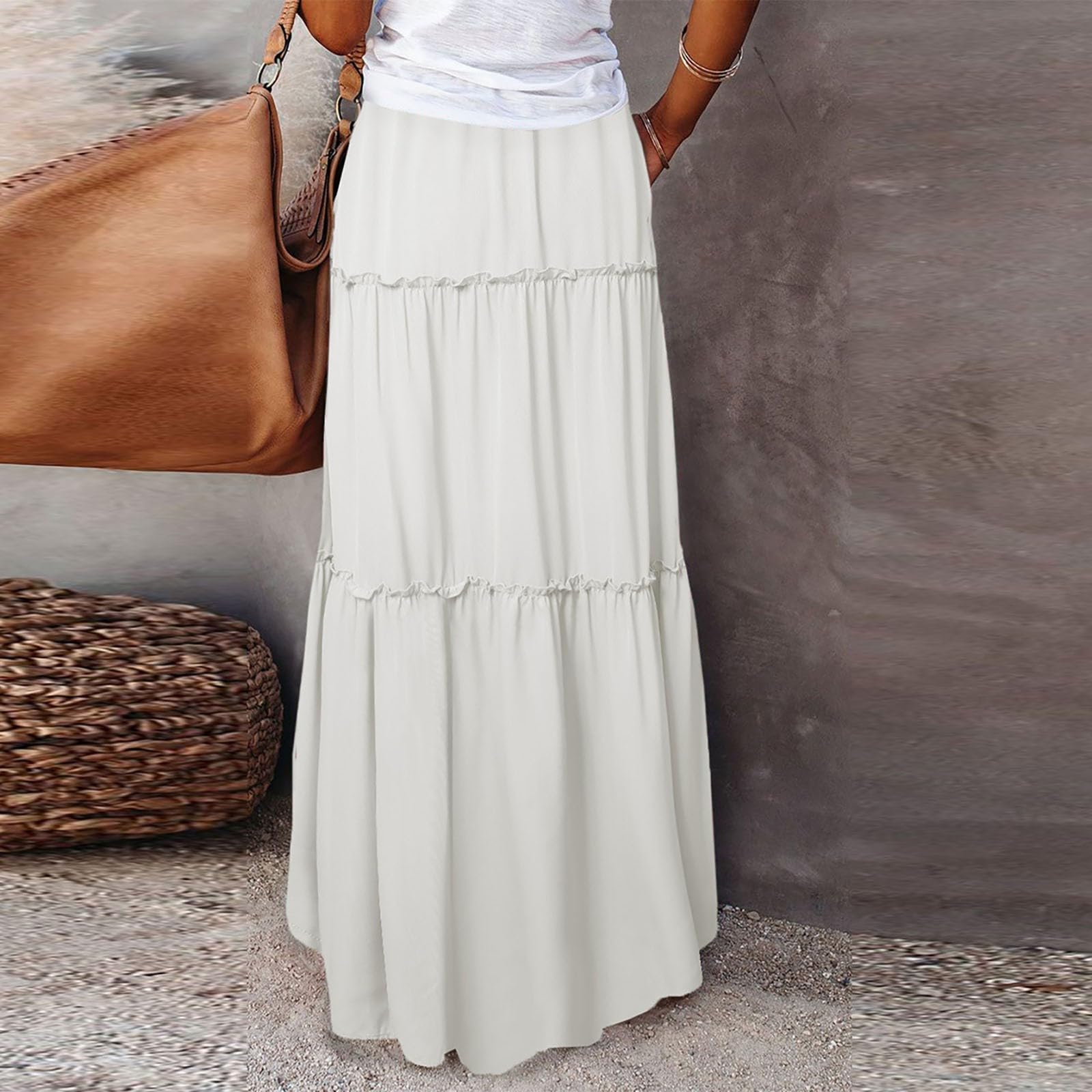 Pleated A Line Maxi Skirt, Elastic High Waisted Flowy Swing Long Skirt with Pockets