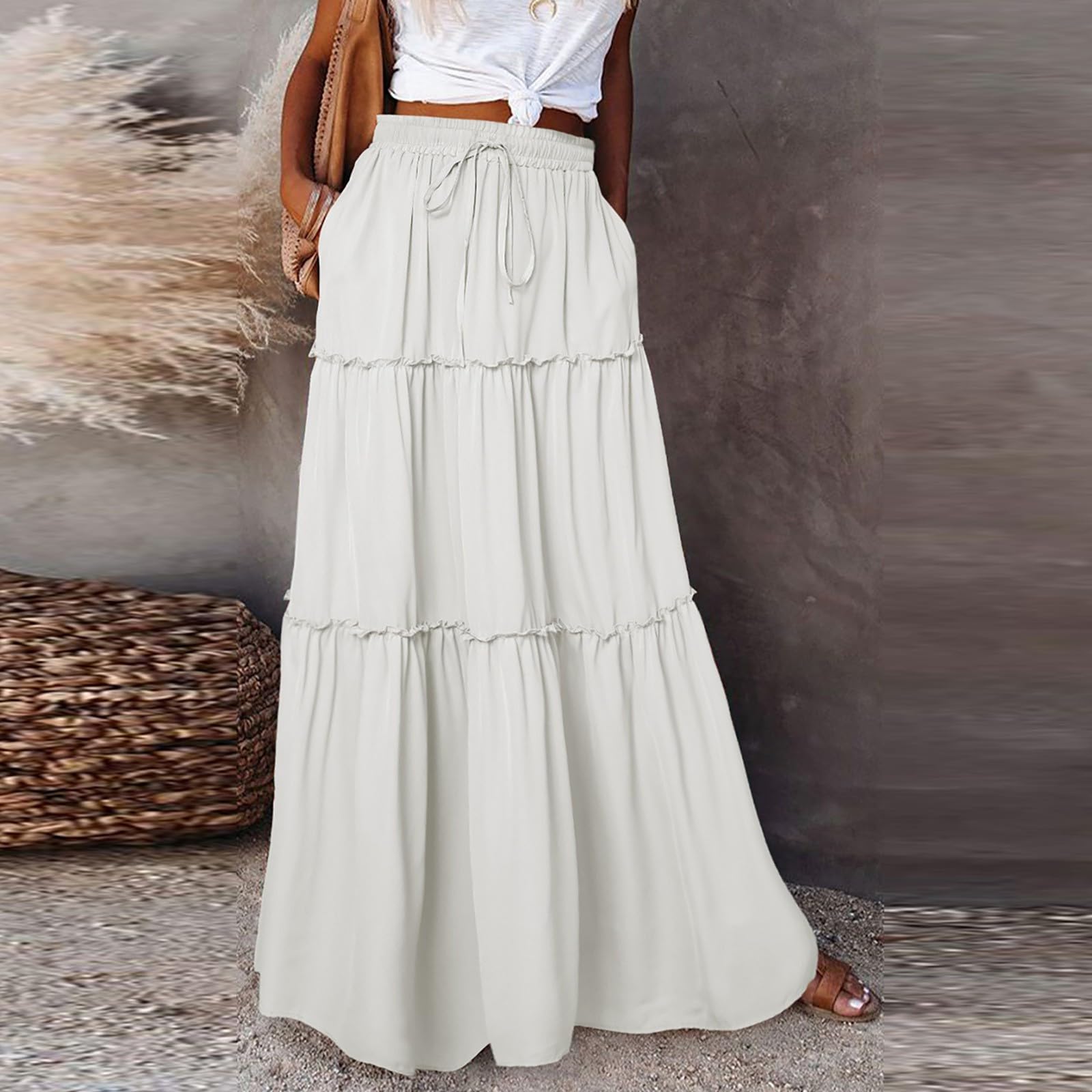 Pleated A Line Maxi Skirt, Elastic High Waisted Flowy Swing Long Skirt with Pockets