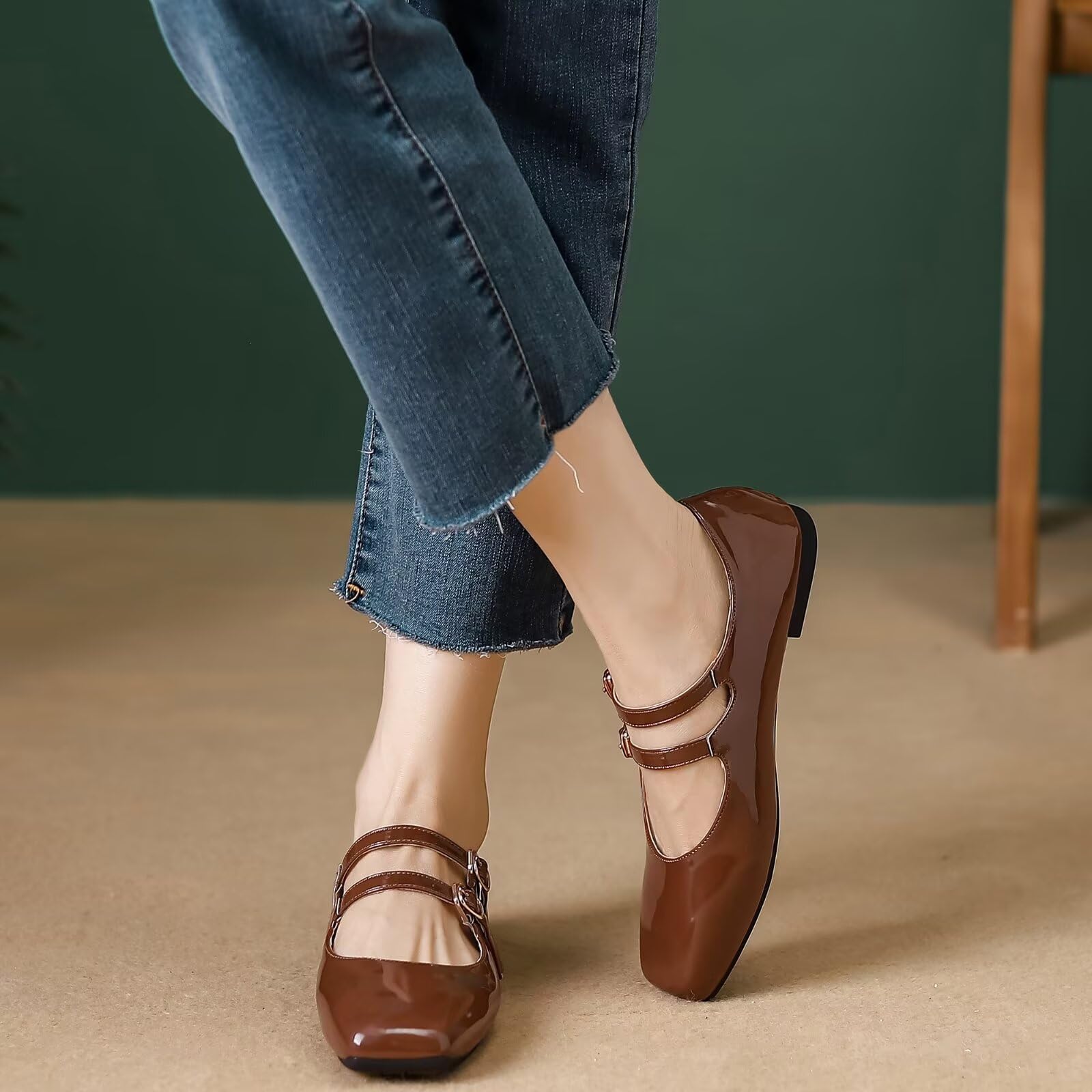 Mary Jane Flats with Adjustable Strap, Retro Square Toe Soft Ballet Shoes for Women