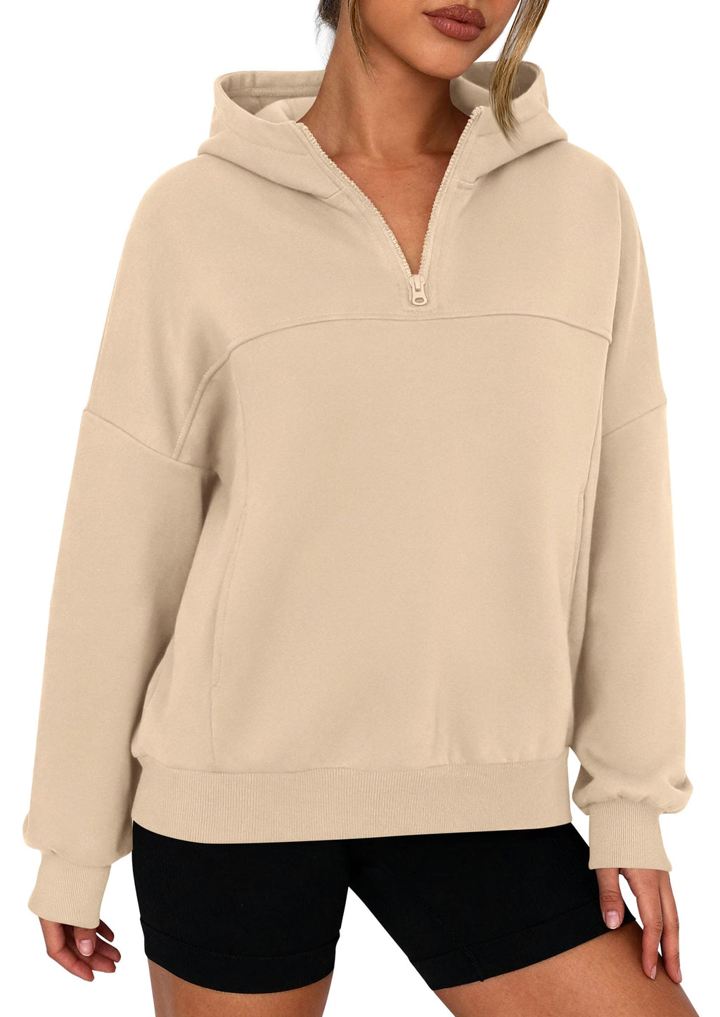 Cropped Quarter Zip Fleece Sweatshirt, Long Sleeve Hoodie with Kangaroo Pocket for Fall Winter