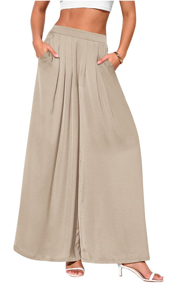 High Waisted Pleated Wide Leg Pants, Back Elastic Waist Flowy Trousers with Pockets for Work