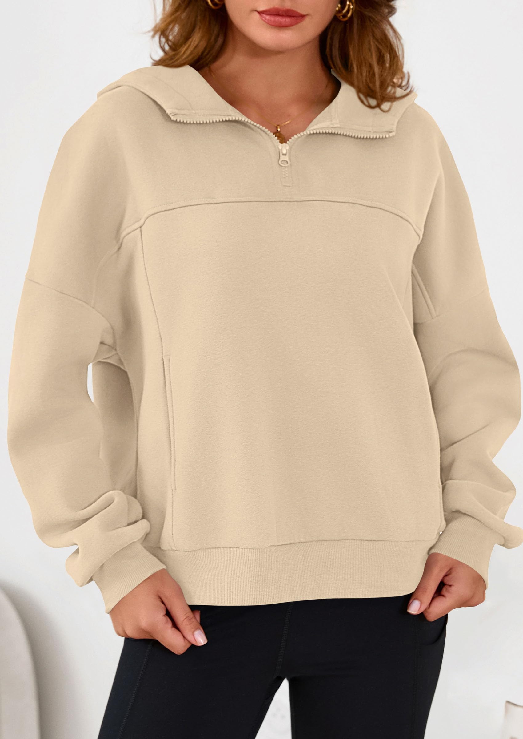 Cropped Quarter Zip Fleece Sweatshirt, Long Sleeve Hoodie with Kangaroo Pocket for Fall Winter