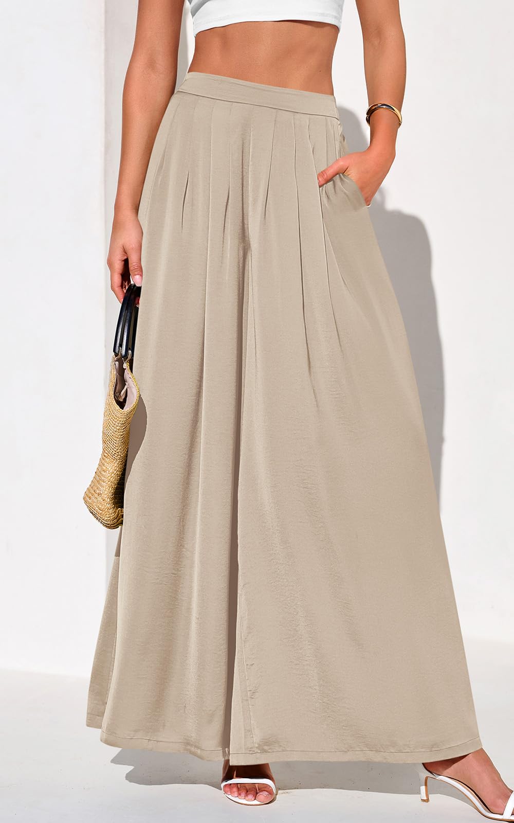 High Waisted Pleated Wide Leg Pants, Back Elastic Waist Flowy Trousers with Pockets for Work