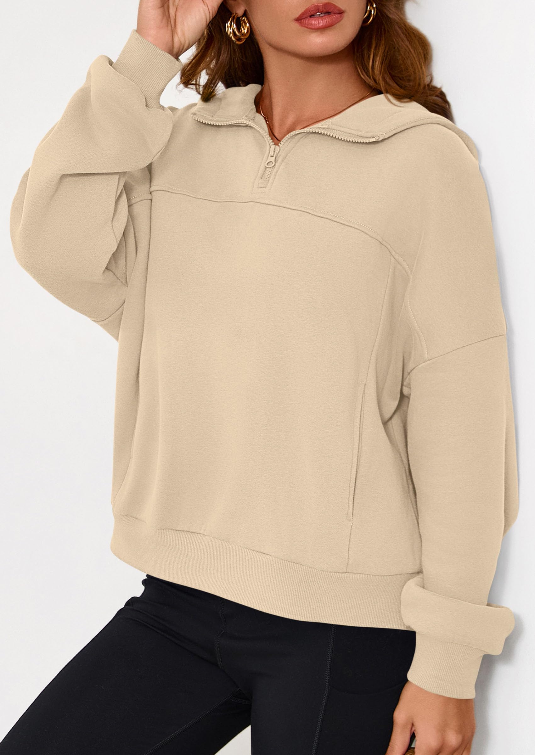 Cropped Quarter Zip Fleece Sweatshirt, Long Sleeve Hoodie with Kangaroo Pocket for Fall Winter