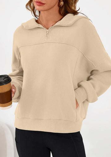 Cropped Quarter Zip Fleece Sweatshirt, Long Sleeve Hoodie with Kangaroo Pocket for Fall Winter