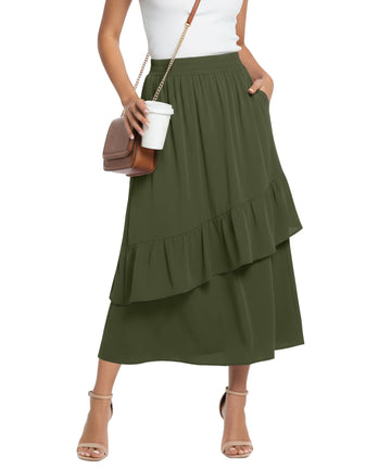 High Waisted Elastic A Line Maxi Skirt, Flowy Long Skirt with Pockets for Summer Beach