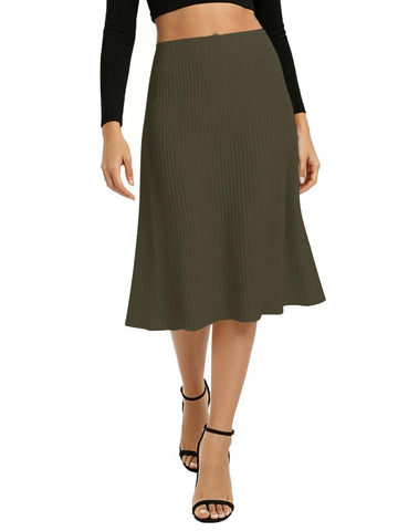 A Line Flared Midi Skirt, Elastic Waist Stretchy Casual Skirt Below Knee Length