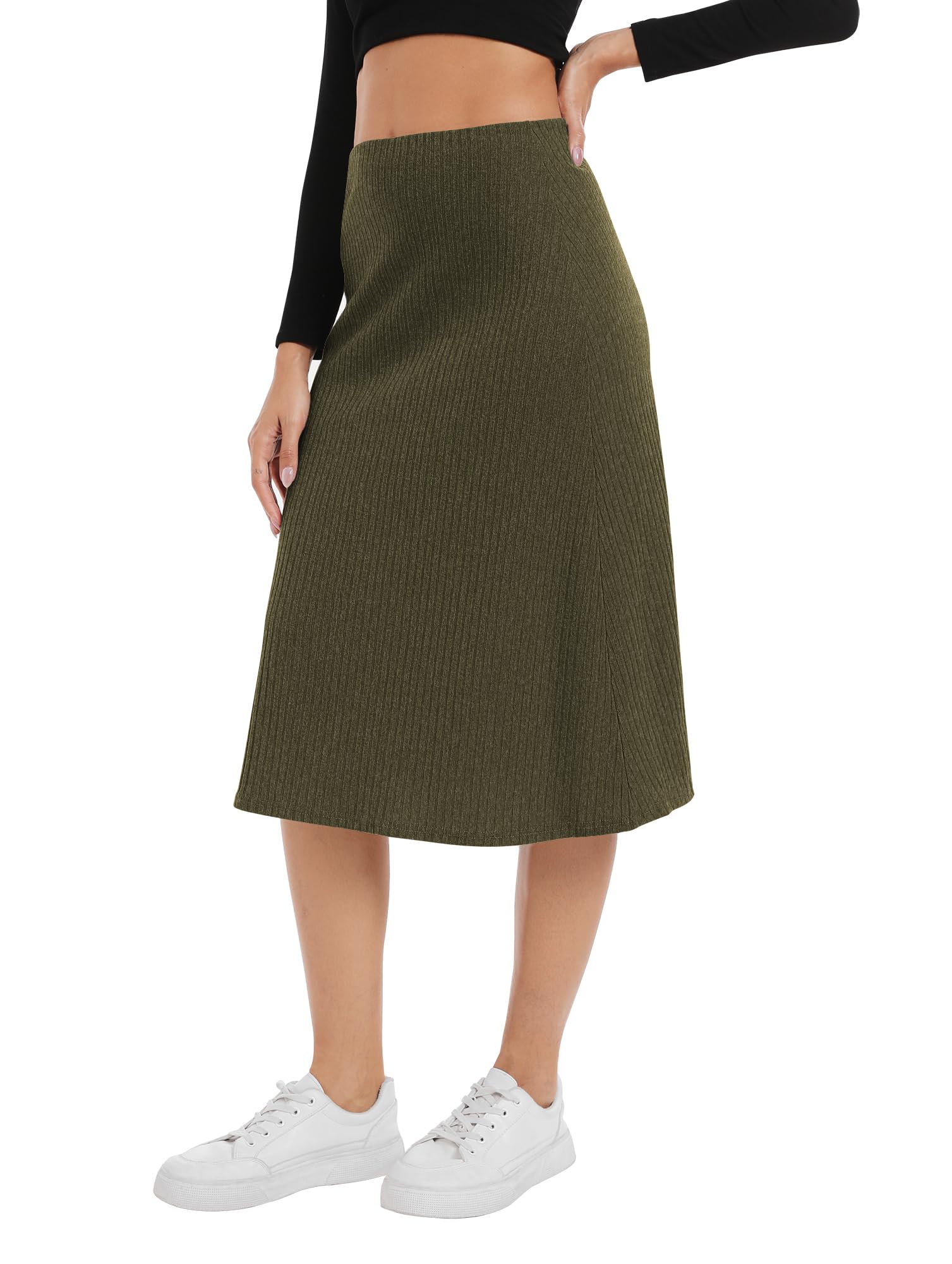 A Line Flared Midi Skirt, Elastic Waist Stretchy Casual Skirt Below Knee Length