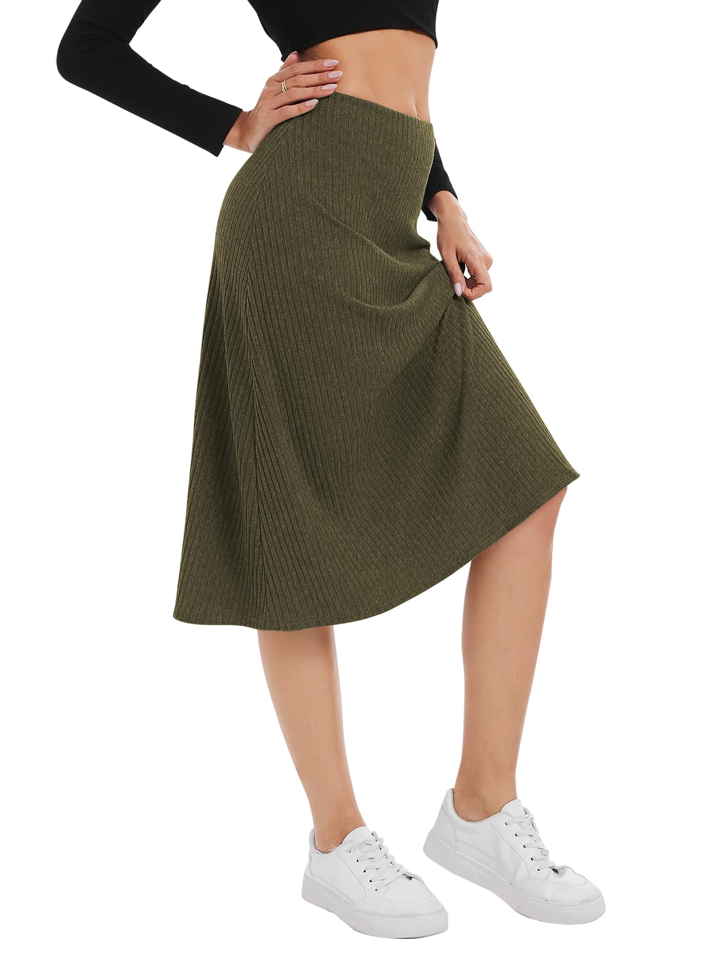 A Line Flared Midi Skirt, Elastic Waist Stretchy Casual Skirt Below Knee Length