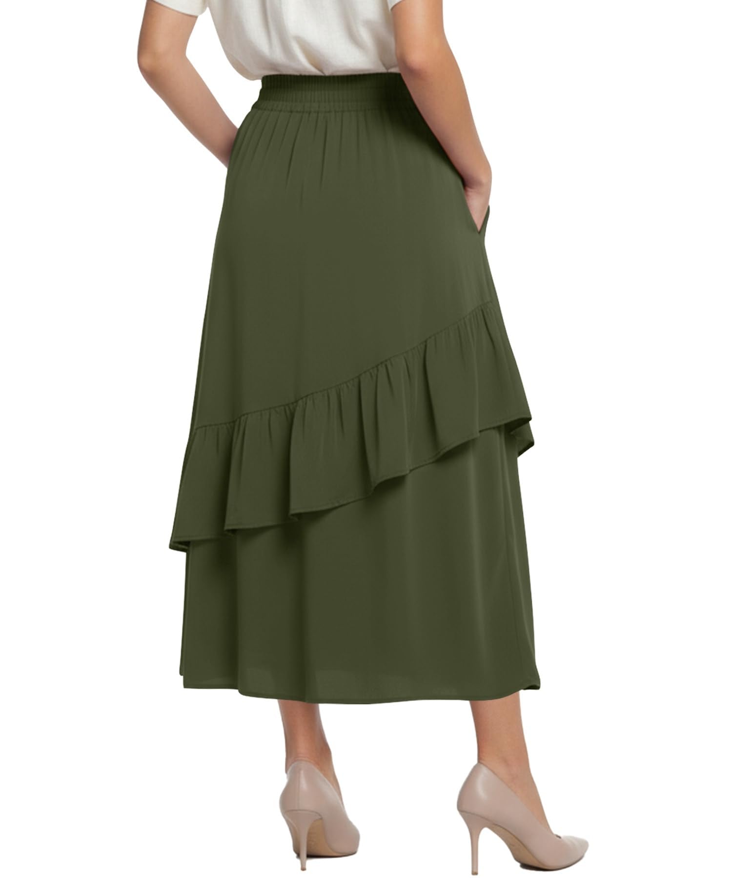 High Waisted Elastic A Line Maxi Skirt, Flowy Long Skirt with Pockets for Summer Beach