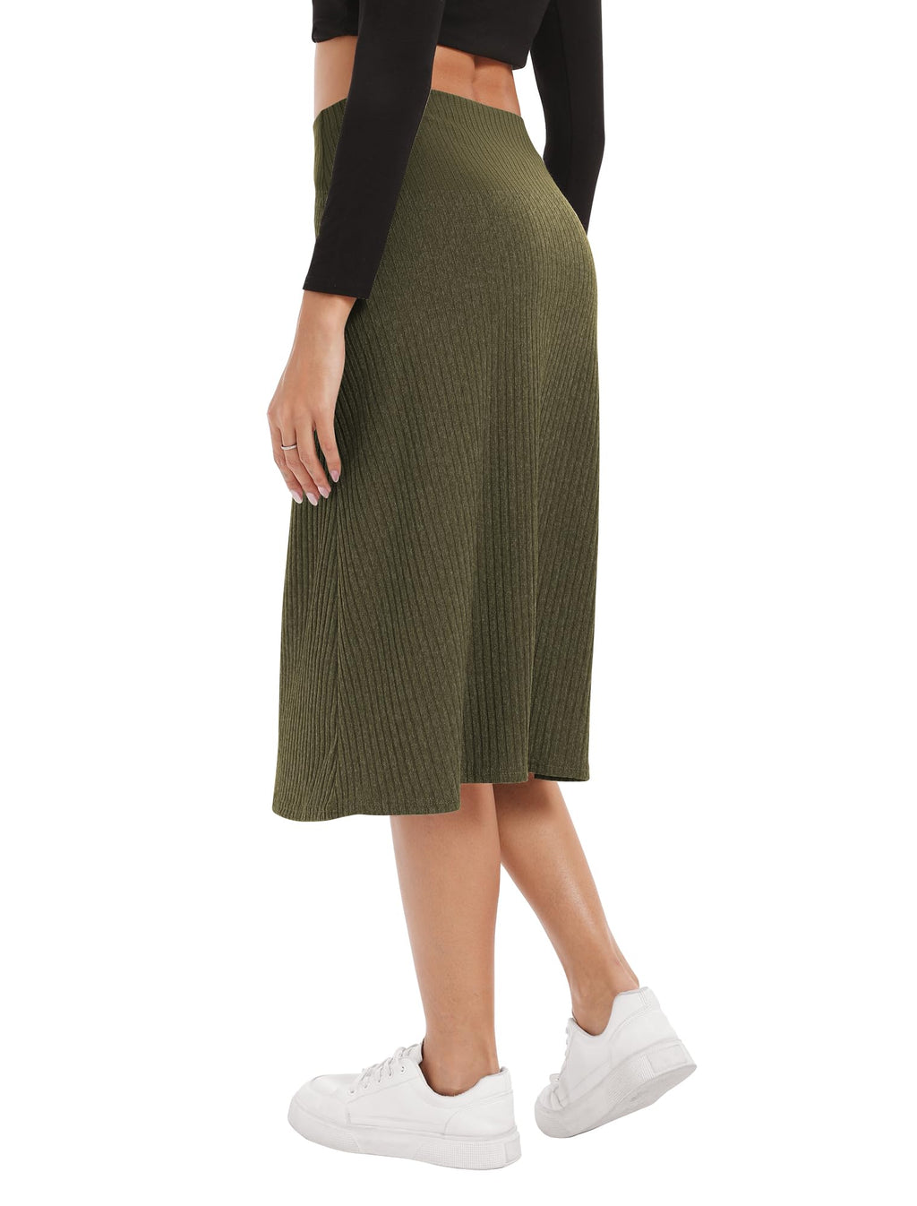 A Line Flared Midi Skirt, Elastic Waist Stretchy Casual Skirt Below Knee Length