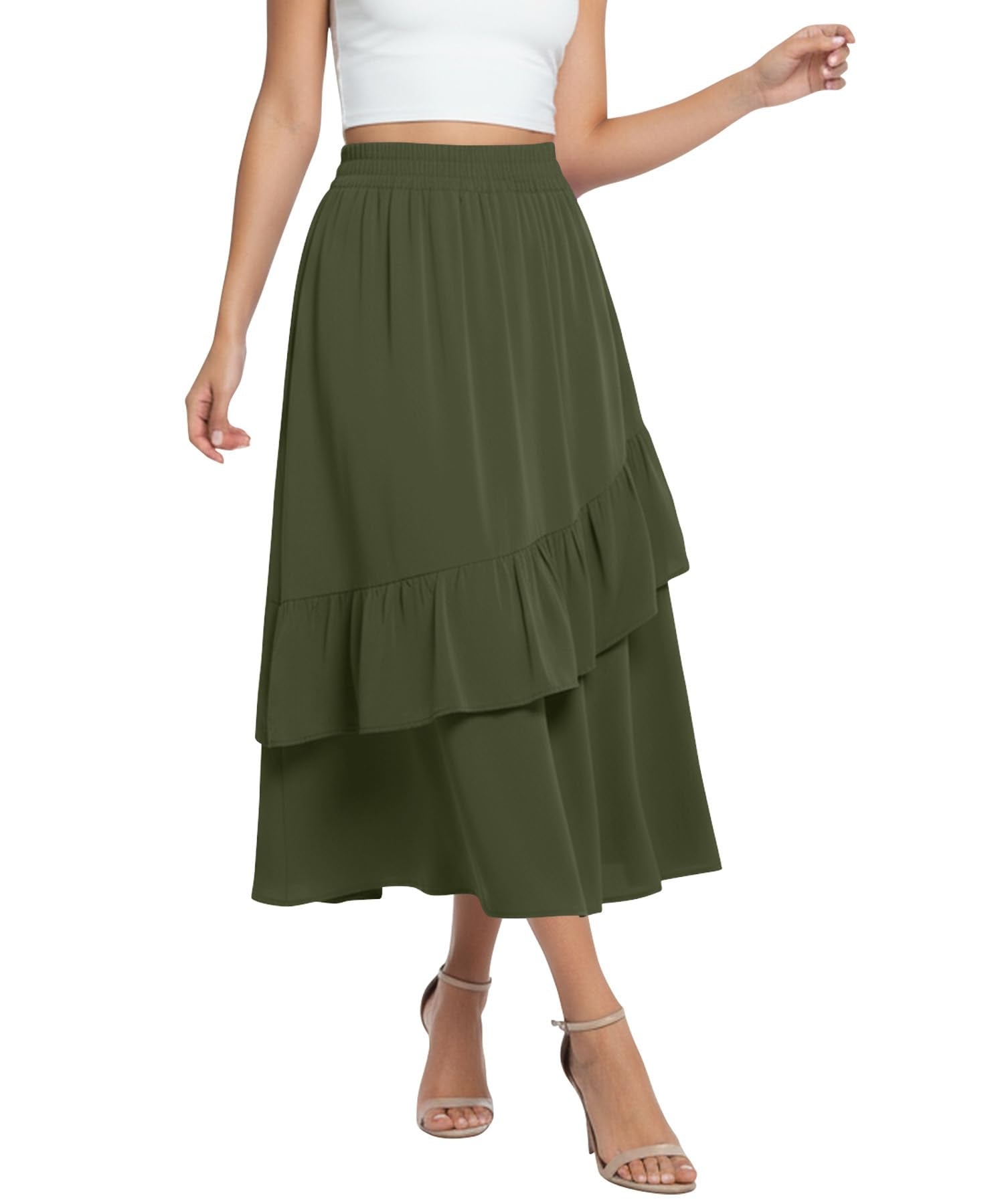 High Waisted Elastic A Line Maxi Skirt, Flowy Long Skirt with Pockets for Summer Beach