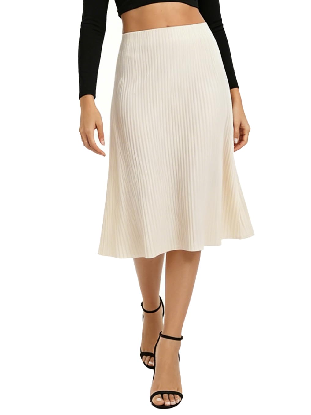 A Line Flared Midi Skirt, Elastic Waist Stretchy Casual Skirt Below Knee Length