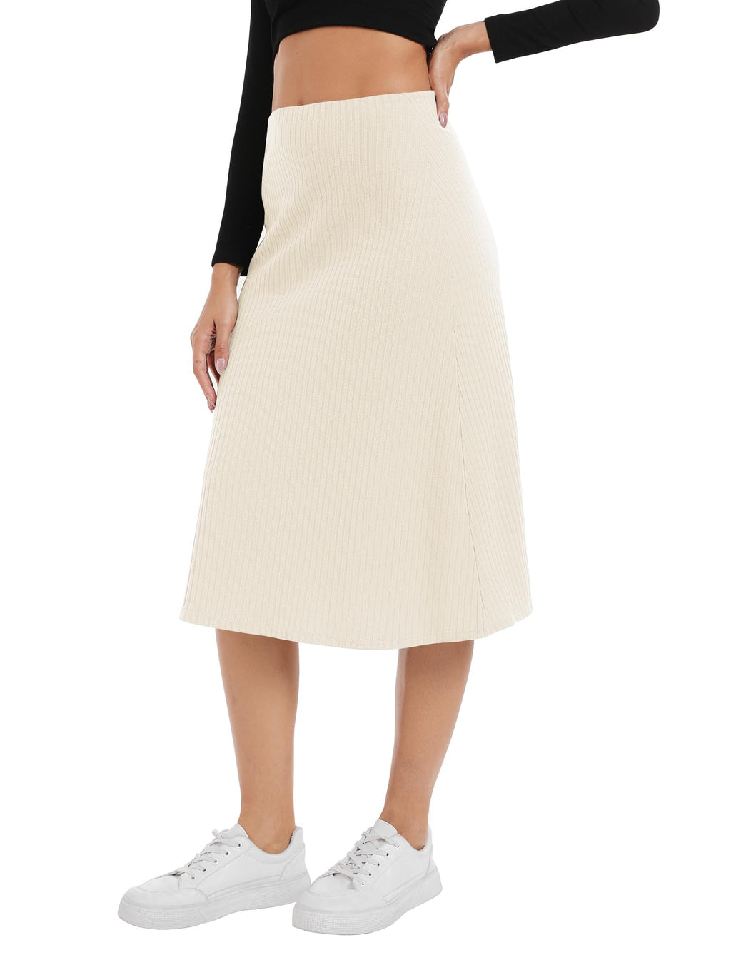A Line Flared Midi Skirt, Elastic Waist Stretchy Casual Skirt Below Knee Length