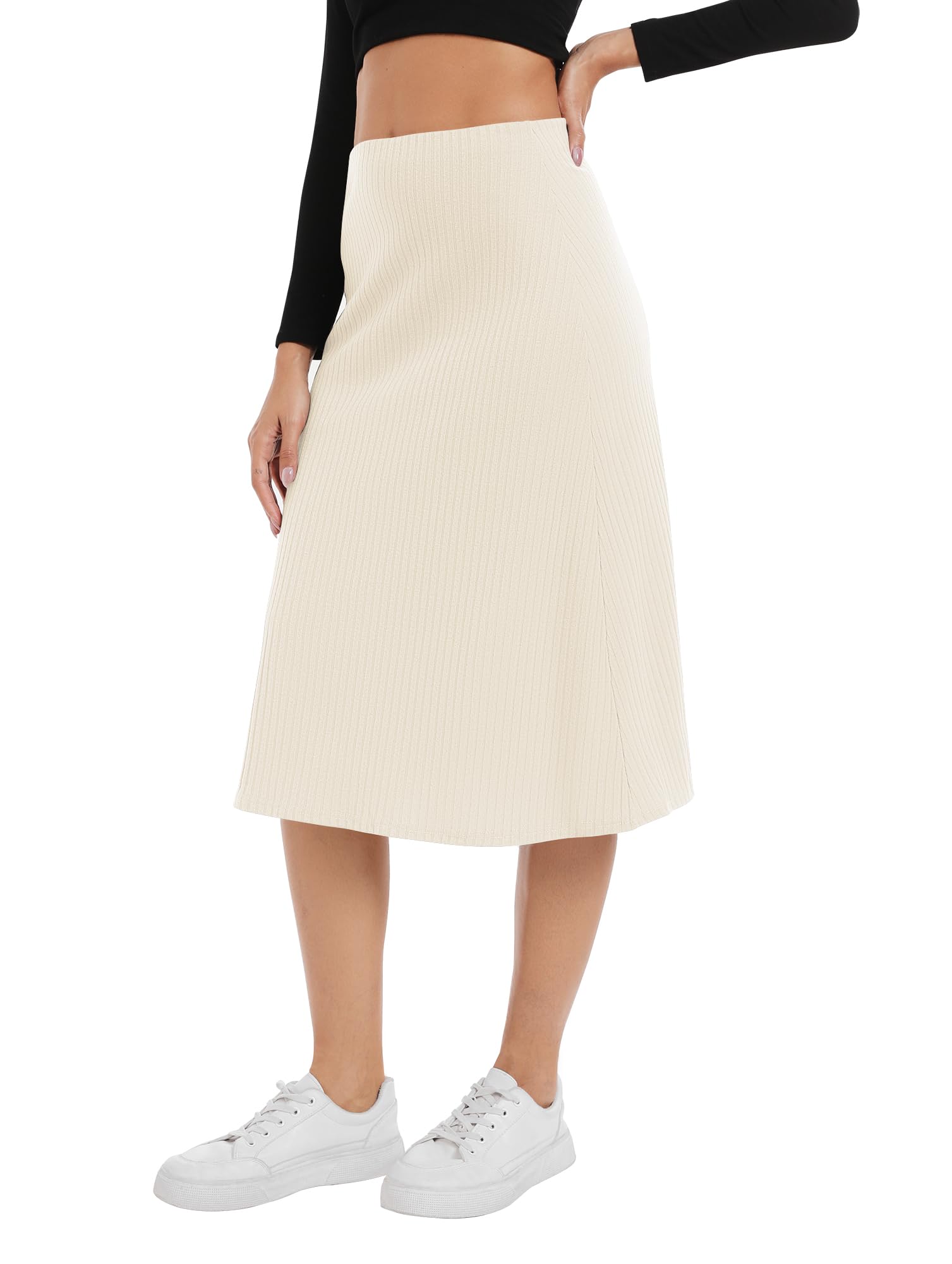 A Line Flared Midi Skirt, Elastic Waist Stretchy Casual Skirt Below Knee Length