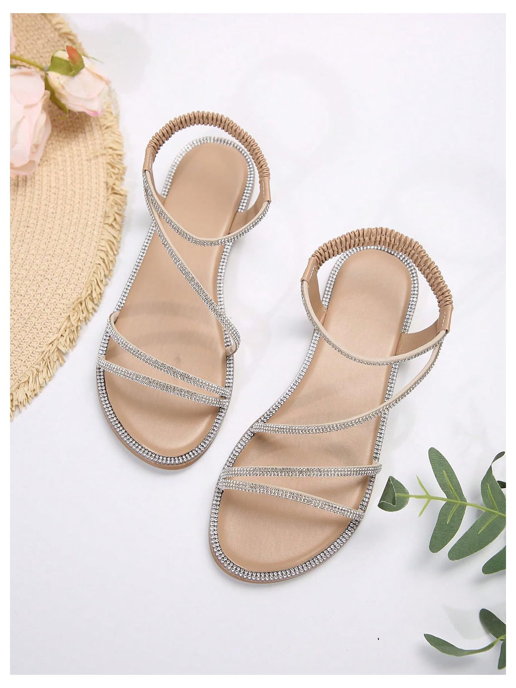 Rhinestone Criss Cross Strappy Sandals, Sparkly Elastic Ankle Strap Dressy Shoes
