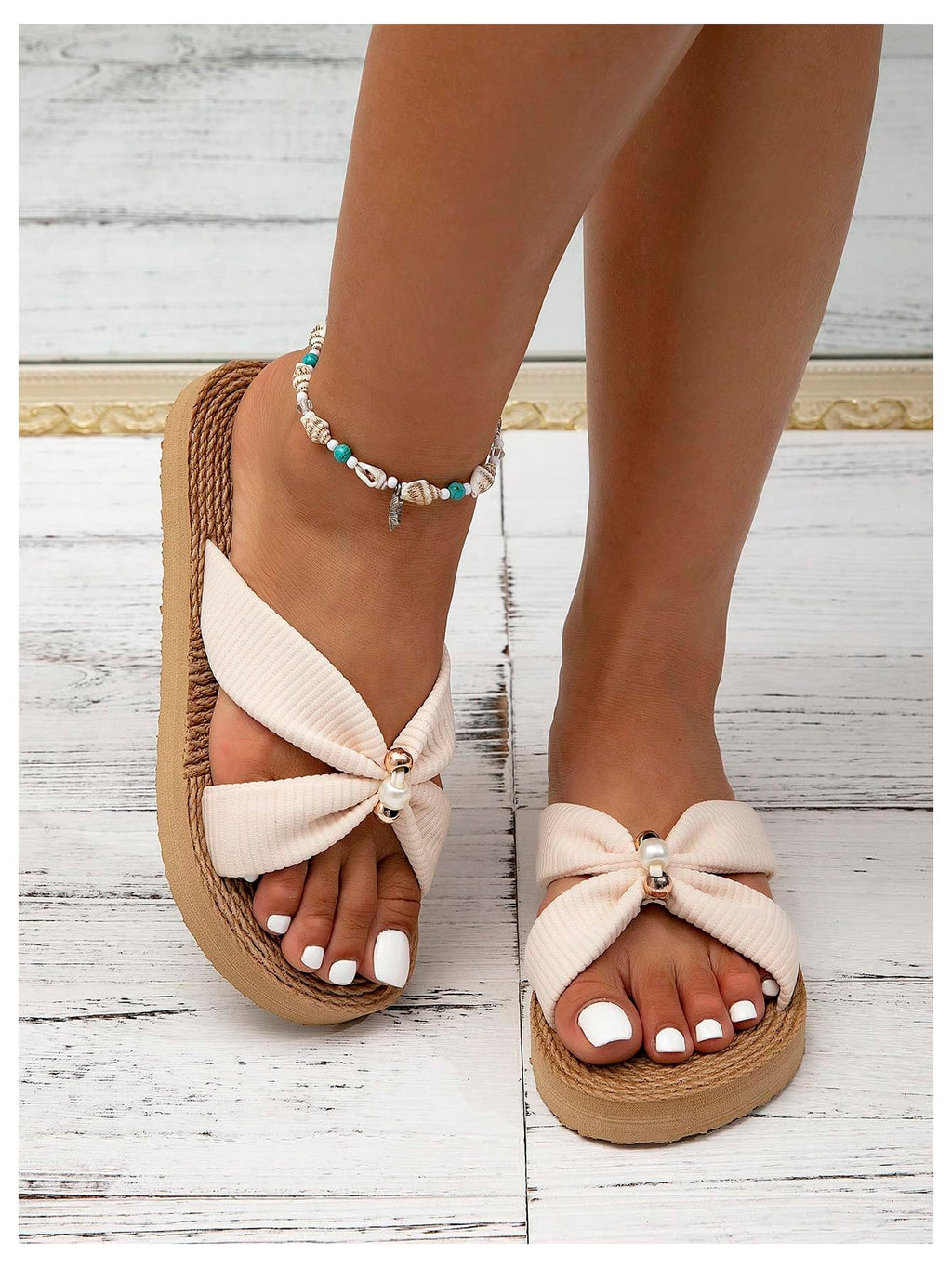 Criss Cross Straps Straw Sandals, Open Toe Flat Beach Shoes with Pearl Decor