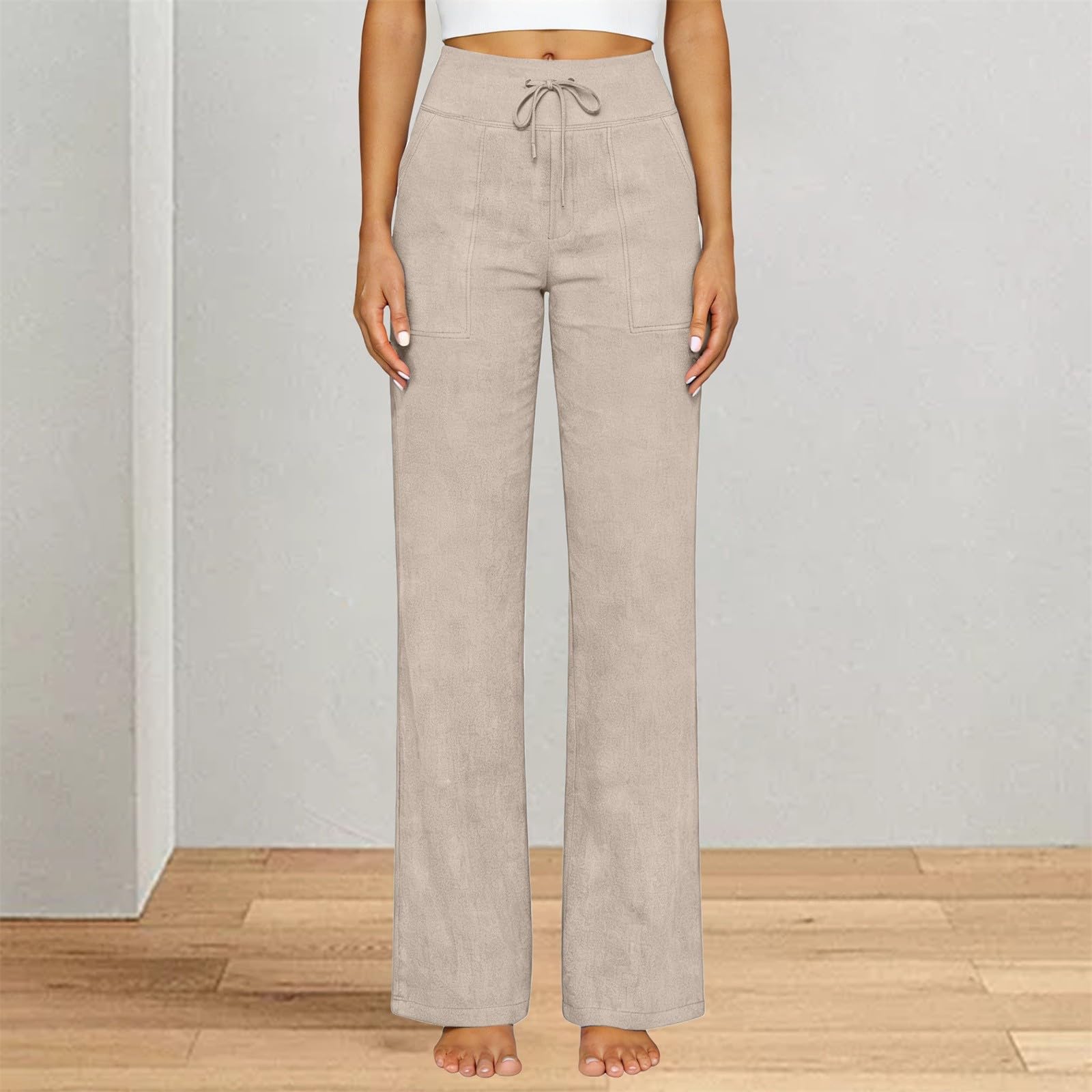 High Waist Straight Leg Linen Pants, Lightweight Loose Fit Trousers with Pockets
