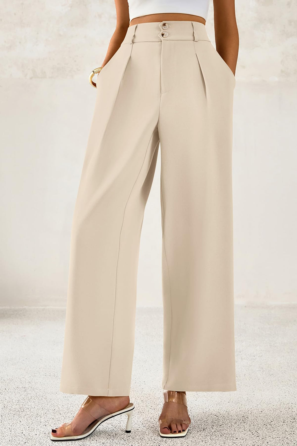 High Waist Pleated Wide Leg Trousers, Button Front Work Pants with Pockets Business Casual