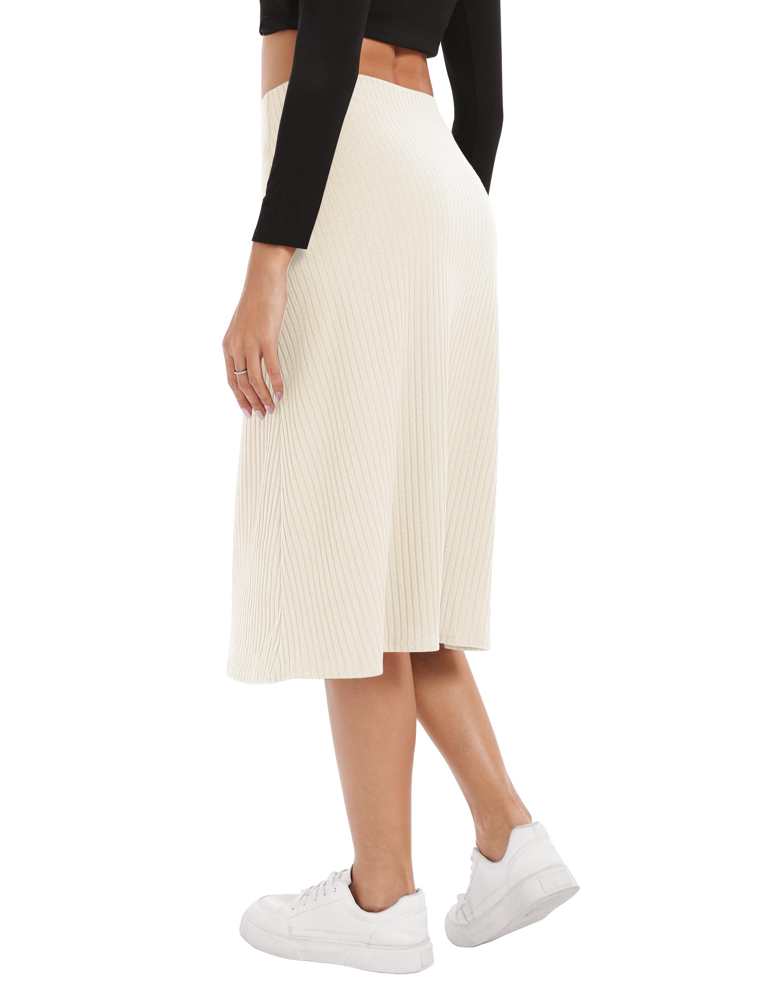 A Line Flared Midi Skirt, Elastic Waist Stretchy Casual Skirt Below Knee Length