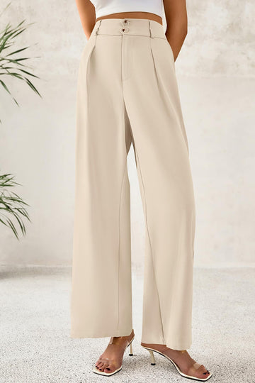 High Waist Pleated Wide Leg Trousers, Button Front Work Pants with Pockets Business Casual