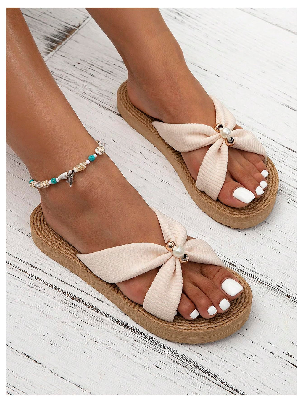 Criss Cross Straps Straw Sandals, Open Toe Flat Beach Shoes with Pearl Decor