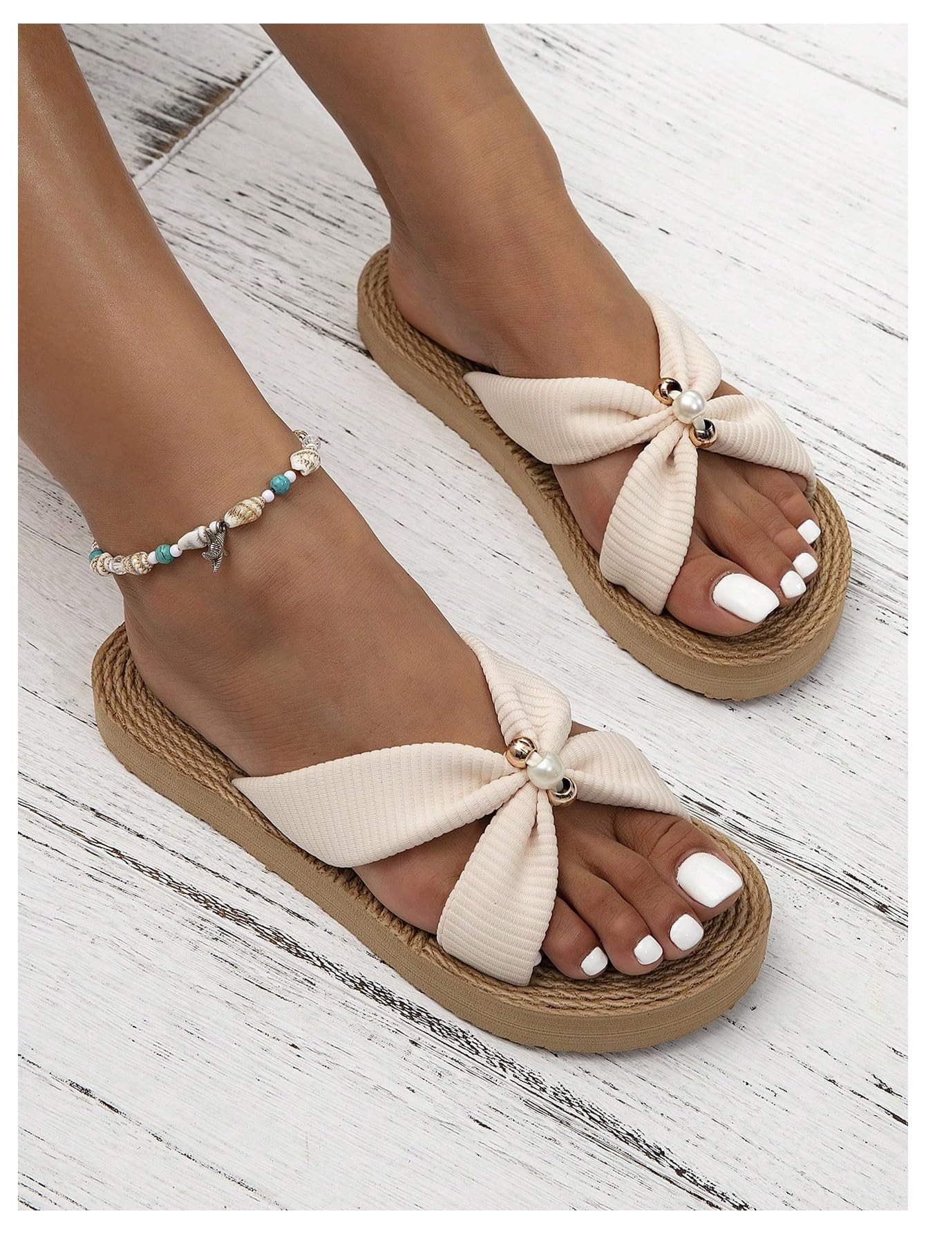 Criss Cross Straps Straw Sandals, Open Toe Flat Beach Shoes with Pearl Decor