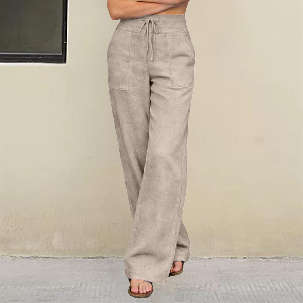 High Waist Straight Leg Linen Pants, Lightweight Loose Fit Trousers with Pockets