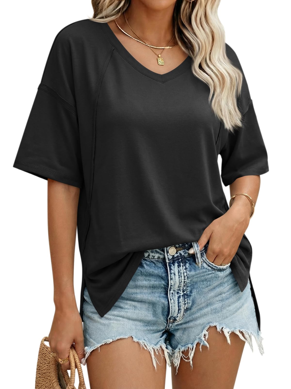 V-Neck Oversized Tunic Tee – Side Split, Relaxed Fit, Summer Essential