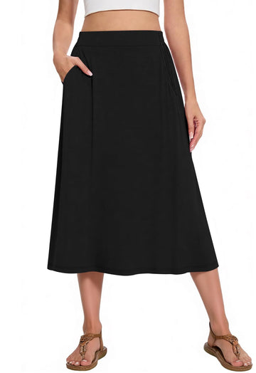 Flowy Midi A Line Skirt, Elastic High Waisted Casual Skirt with Pockets for Summer