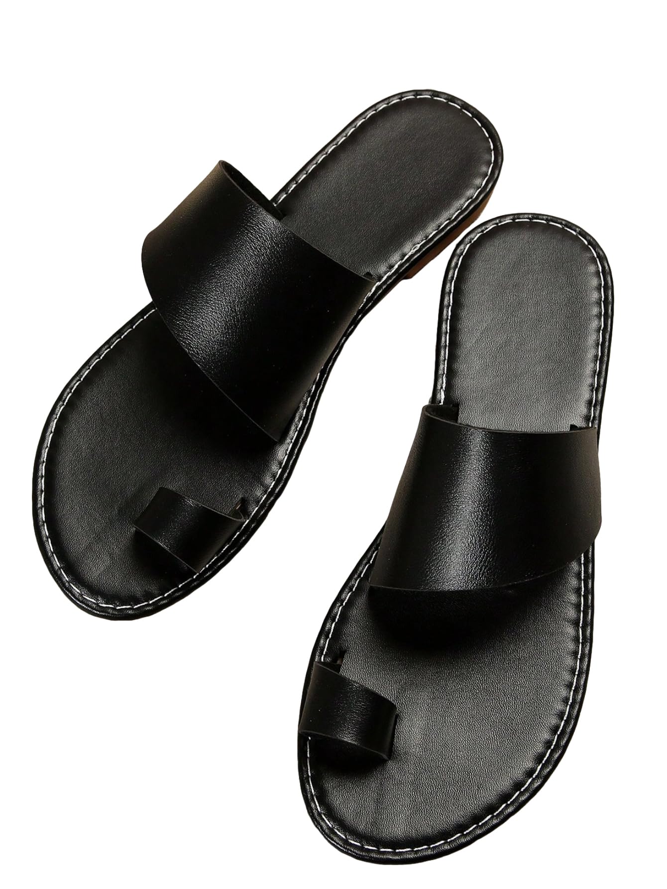 Toe Ring Open Toe Leather Flat Sandals, Strappy Non Slip Slides for Beach Outdoor