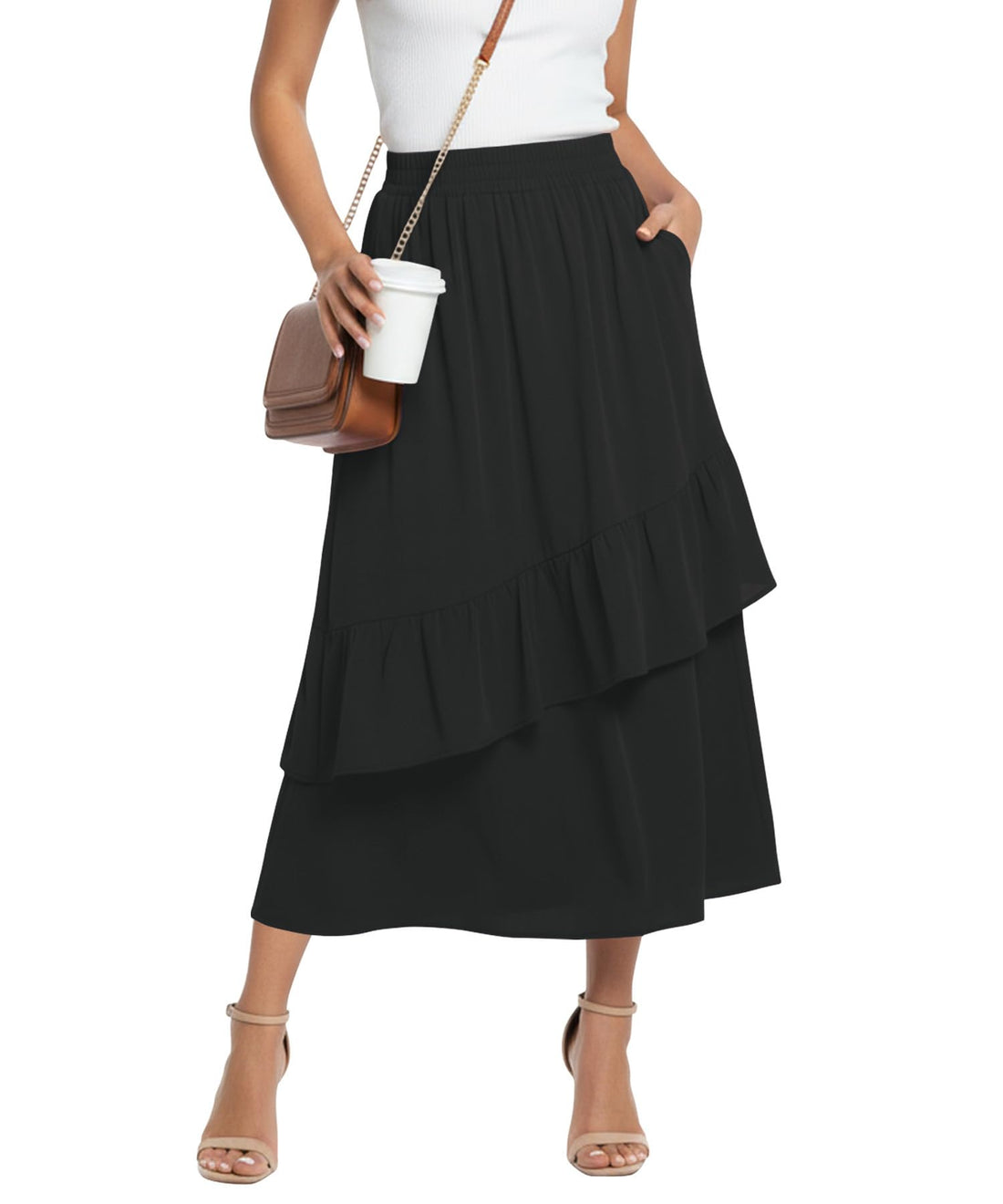 High Waisted Elastic A Line Maxi Skirt, Flowy Long Skirt with Pockets for Summer Beach