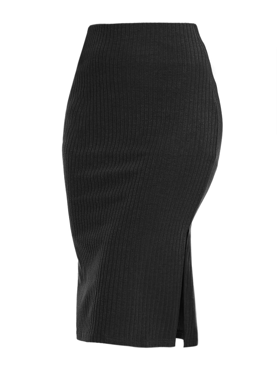Knee Length Knit Pencil Skirt, Stretchy Side Slit Bodycon Midi Skirt