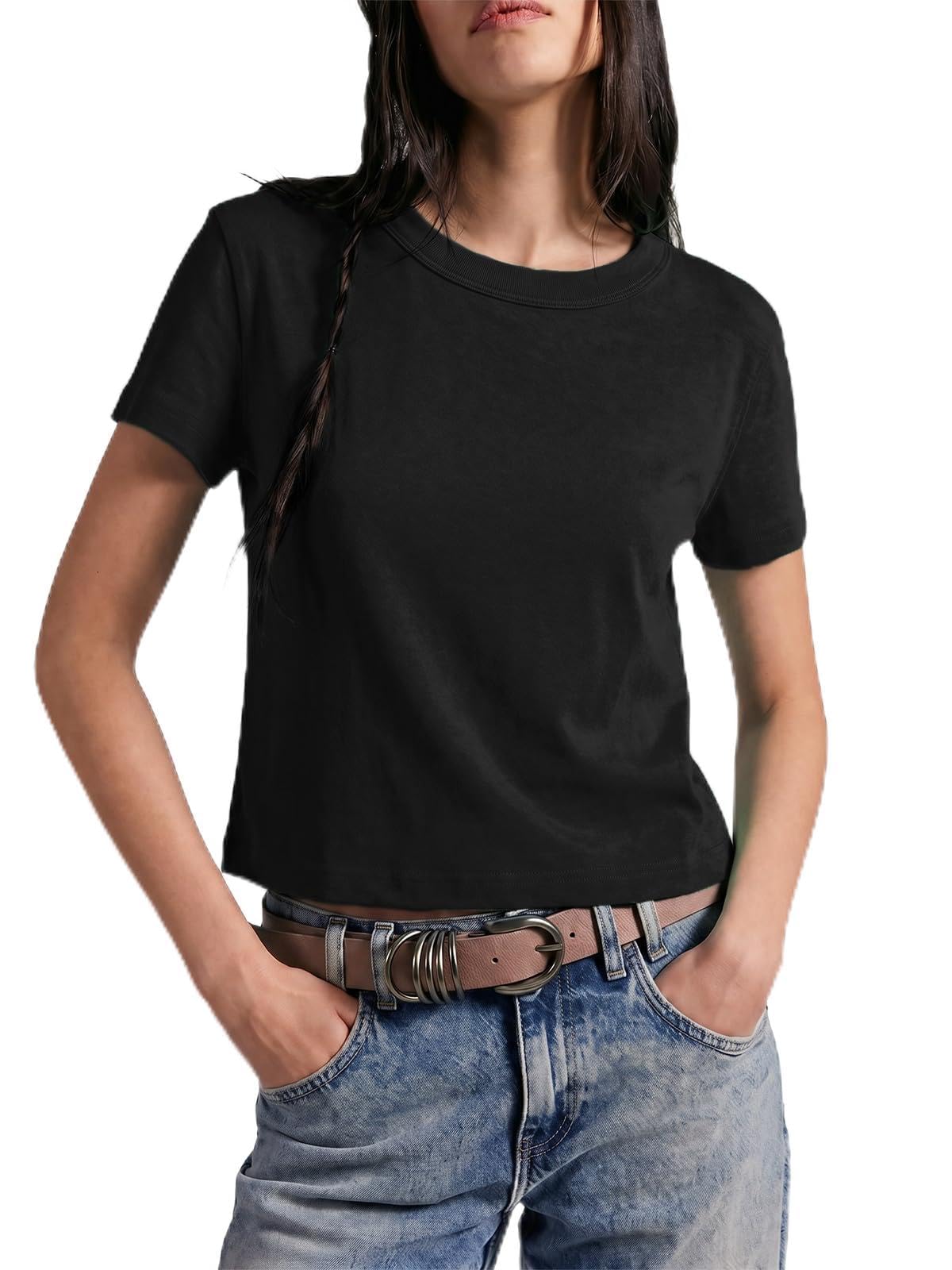 Slim-Fit Crop Short Sleeve Tee – Crew Neck, Y2K-Inspired Casual Basic