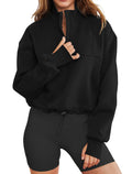 Half Zip Cropped Hoodie with Thumb Holes, Oversized V Neck Pullover with Drawstring Waistband