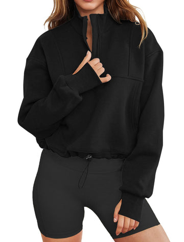 Half Zip Cropped Hoodie with Thumb Holes, Oversized V Neck Pullover with Drawstring Waistband