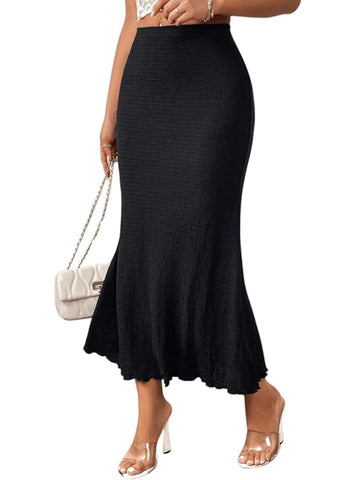 Mermaid Ribbed Knit Bodycon Skirt, High Waisted Fishtail Midi Long Skirt