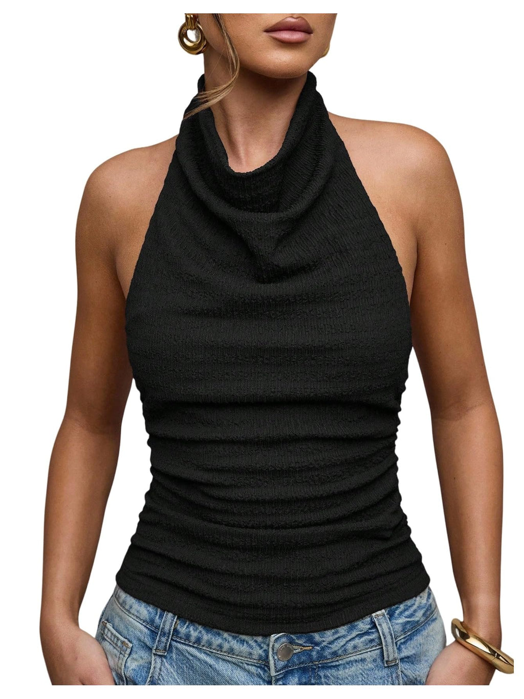 Backless Halter Ruched Top – Fitted Knit, Sleeveless Rave & Date Night Essential
