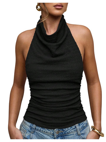 Backless Halter Ruched Top – Fitted Knit, Sleeveless Rave & Date Night Essential