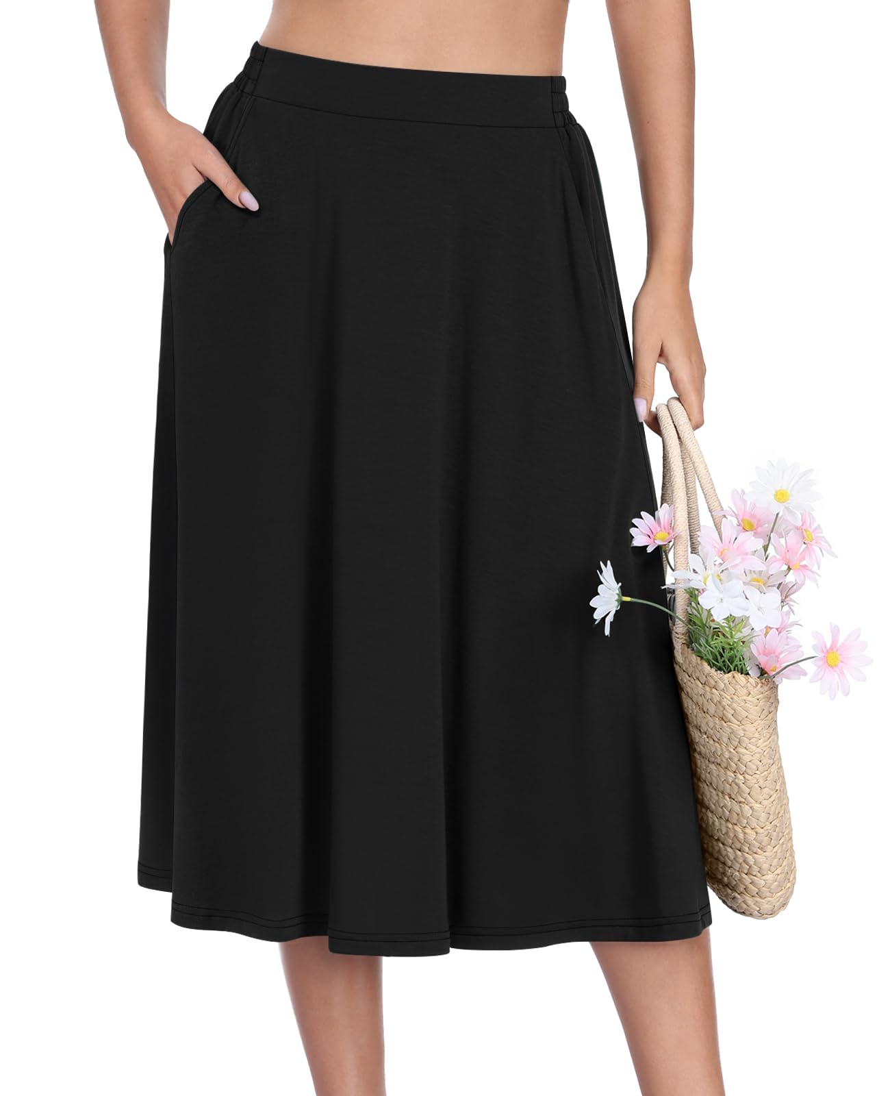 Flowy Midi A Line Skirt, Elastic High Waisted Casual Skirt with Pockets for Summer