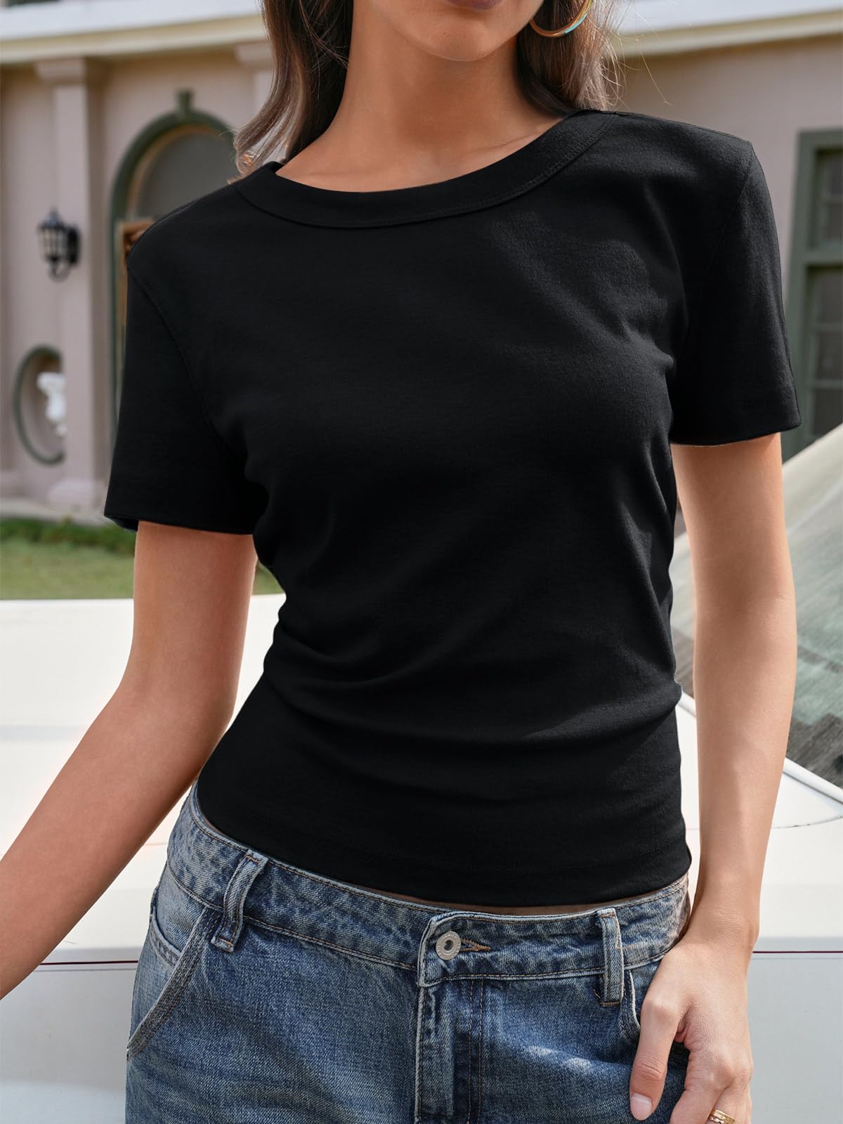 Slim-Fit Crop Short Sleeve Tee – Crew Neck, Y2K-Inspired Casual Basic