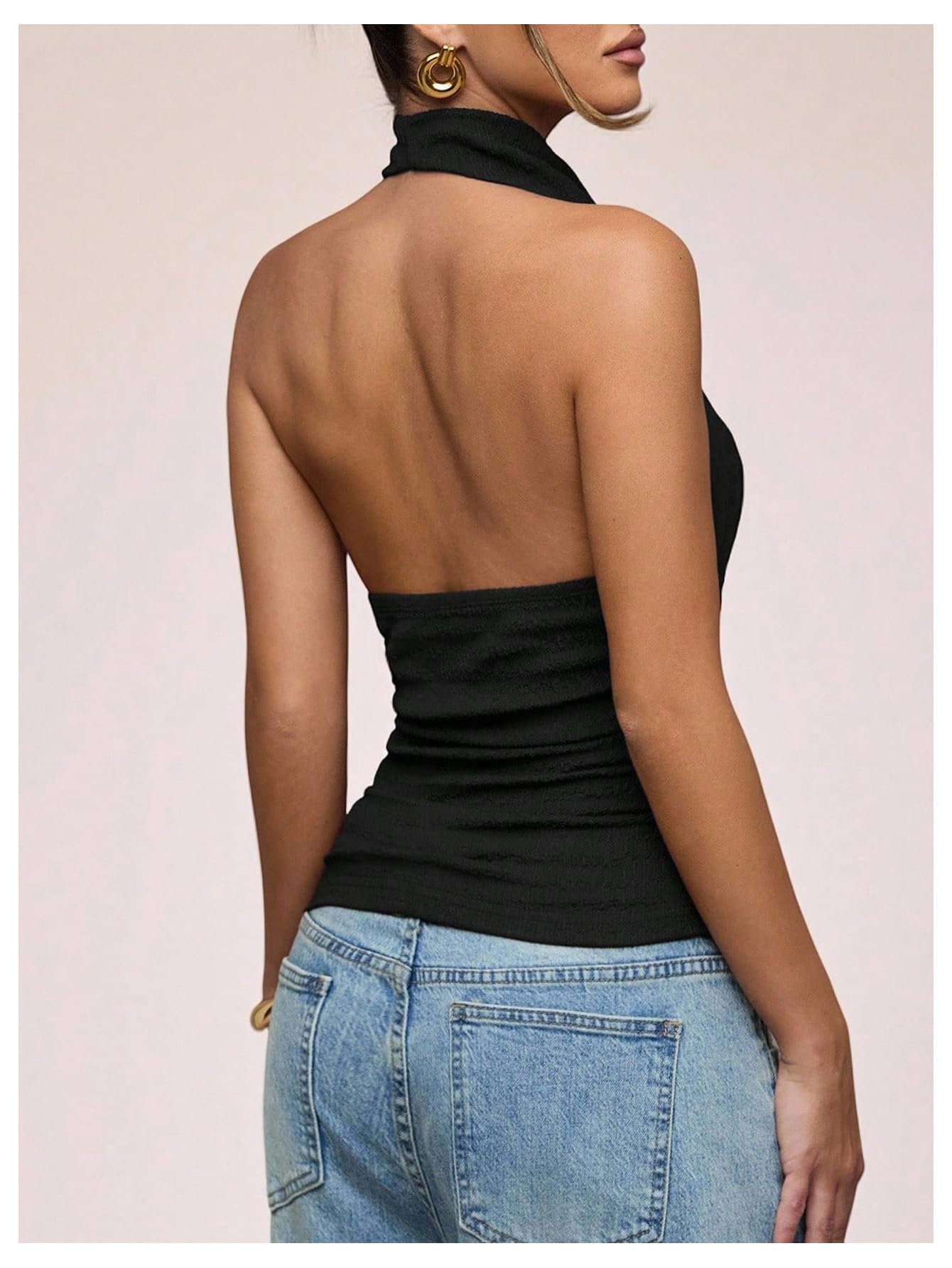 Backless Halter Ruched Top – Fitted Knit, Sleeveless Rave & Date Night Essential