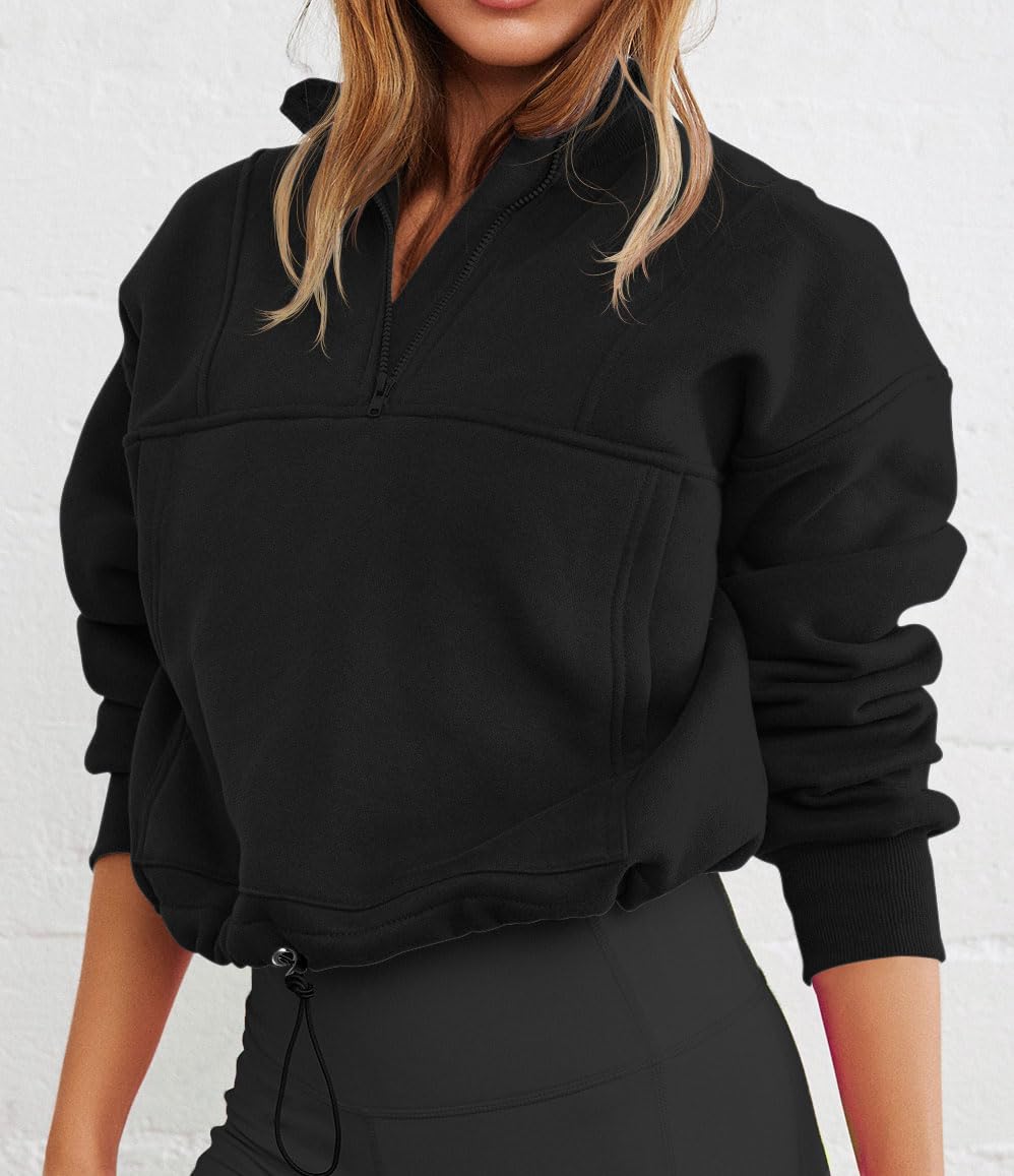 Half Zip Cropped Hoodie with Thumb Holes, Oversized V Neck Pullover with Drawstring Waistband