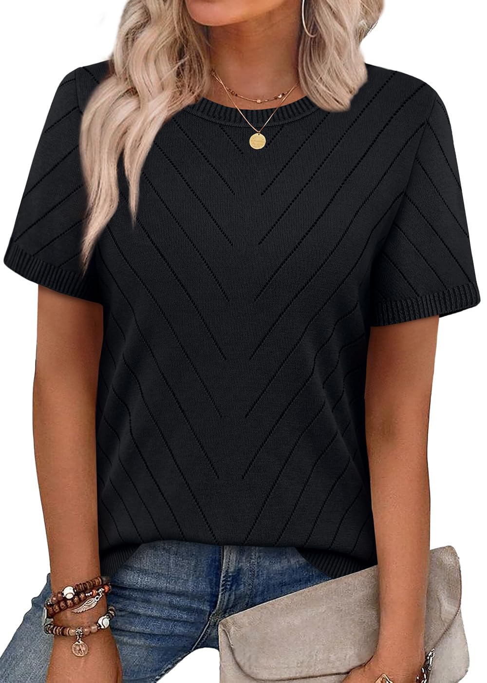 Short Sleeve Crew Neck Sweater, Lightweight Viscose Knit for Business Casual Summer