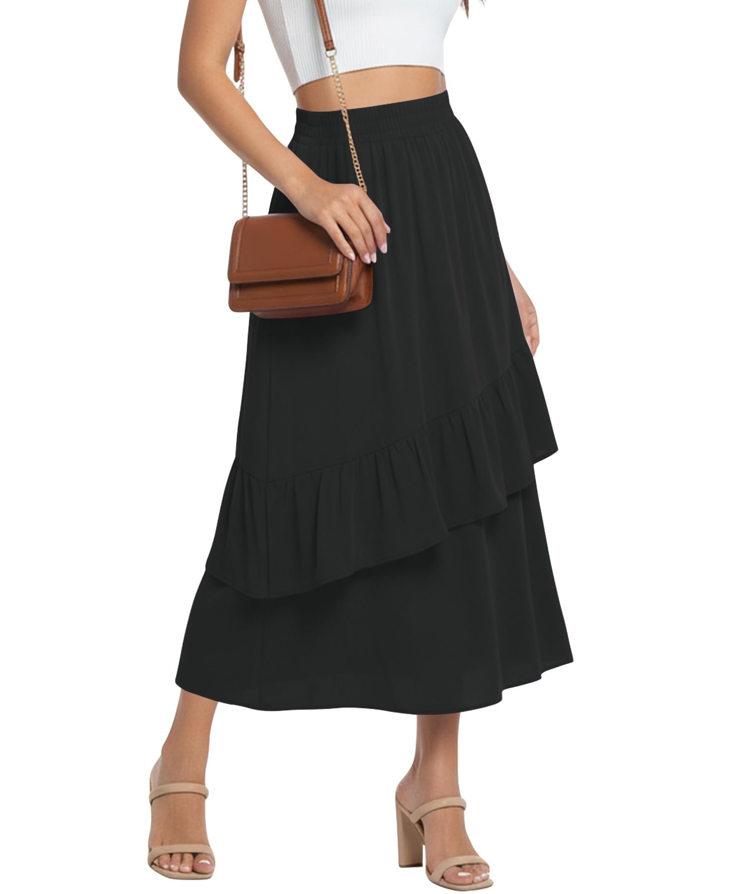 High Waisted Elastic A Line Maxi Skirt, Flowy Long Skirt with Pockets for Summer Beach
